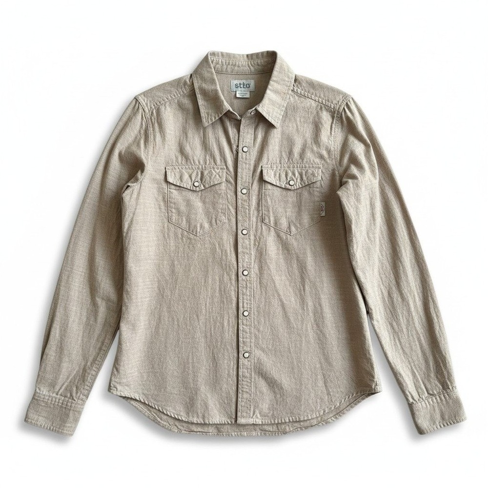 Stio Button Down Shirt Medium Tan Pearl Snap Western Cotton Gorpcore